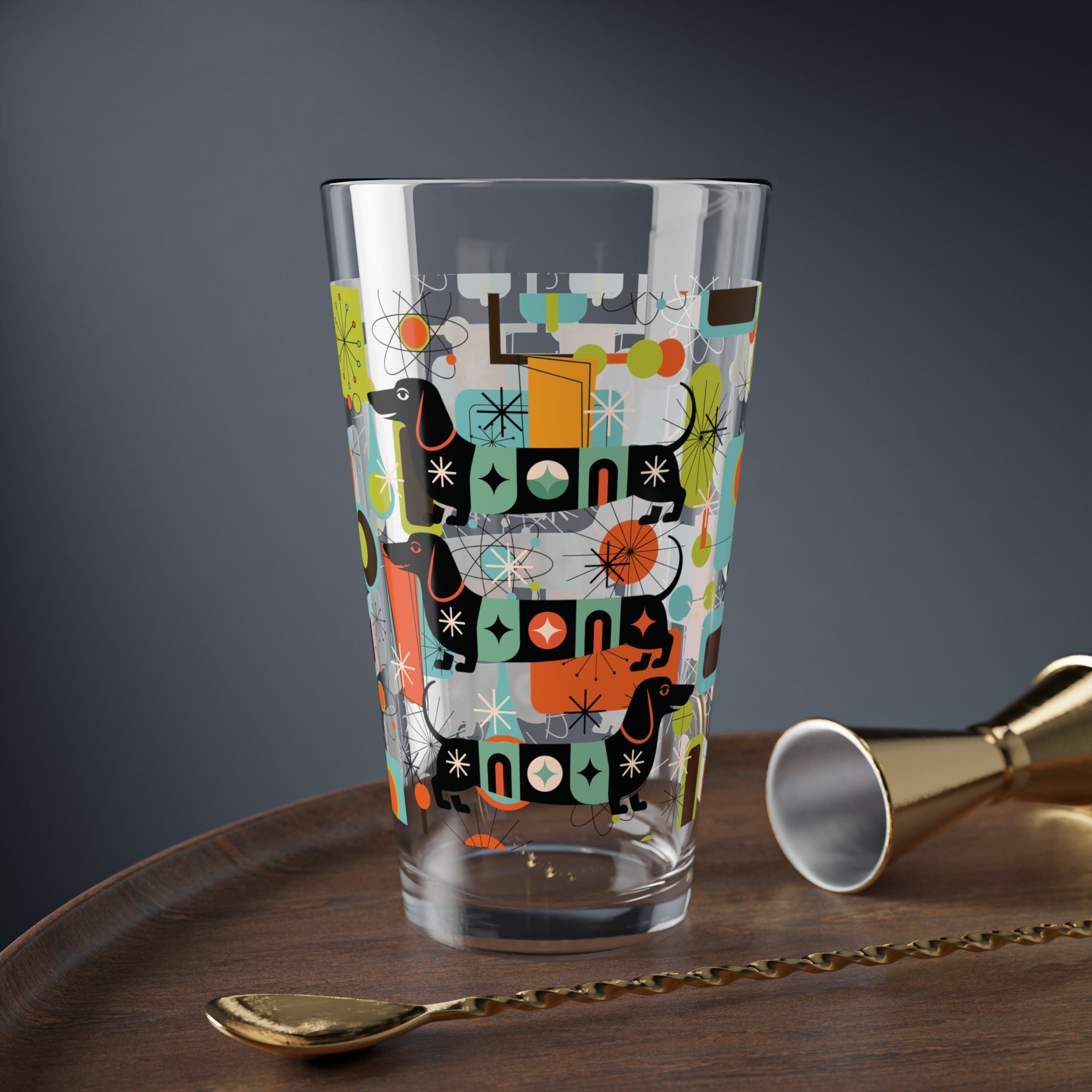 Kate McEnroe New York Dachshund Mid Century Modern Pint Glass, Retro MCM Starburst Barware, Atomic Age Sausage Dog DrinkwarePint Glasses15061615679051712798