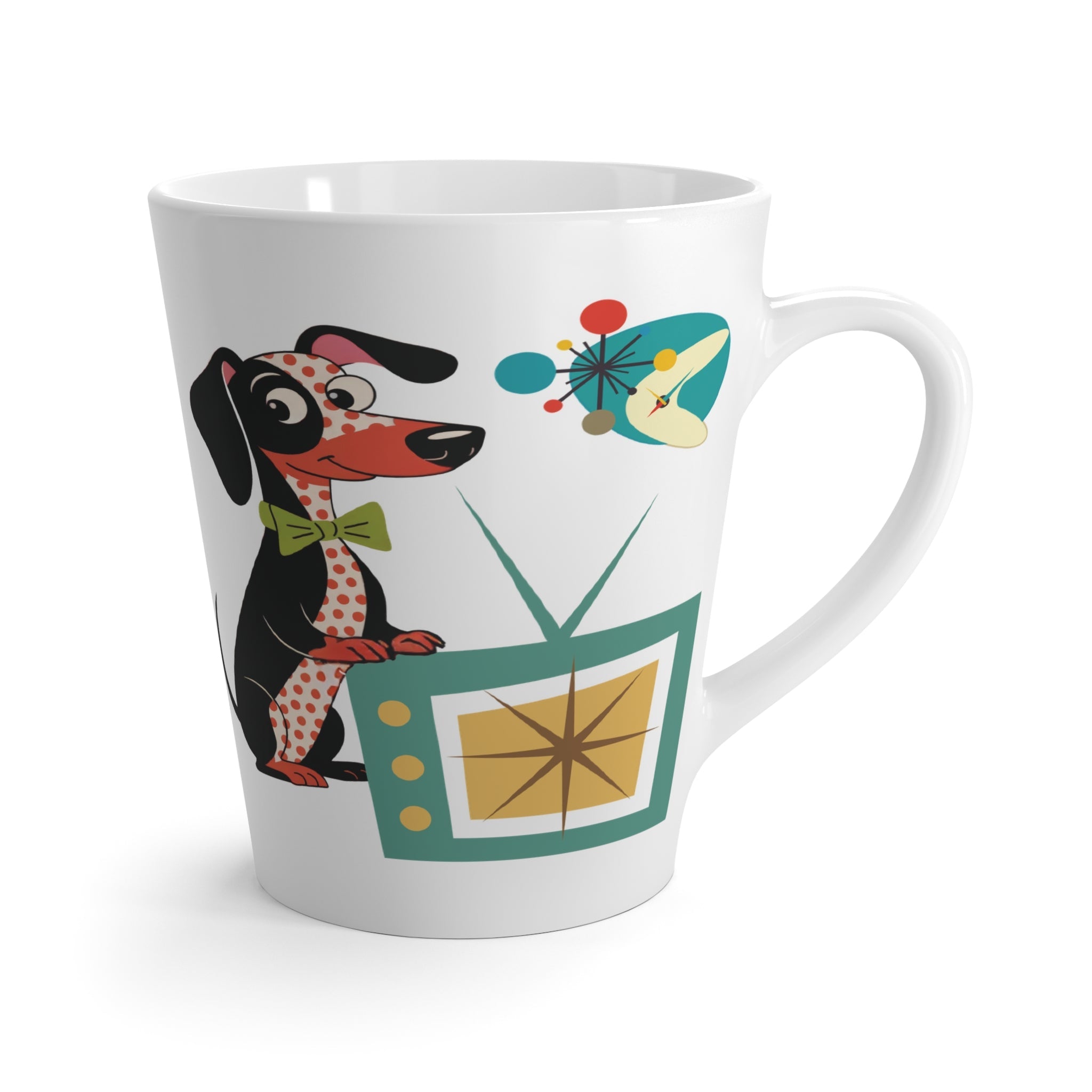 Kate McEnroe New York Dachshund Retro Starburst TV Latte Mug, Mid Century Modern Atomic Dog CupMugs21500349344286298505