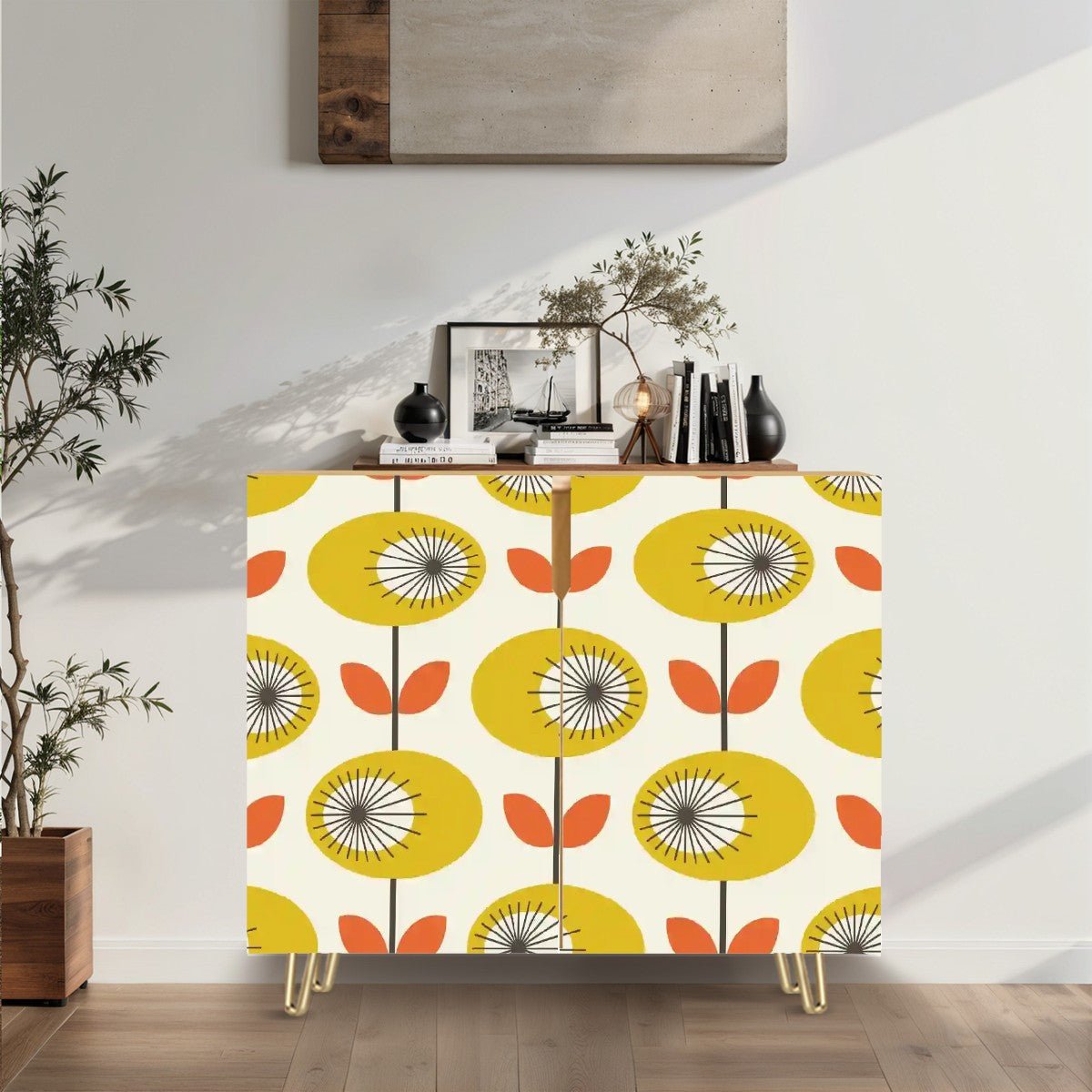 Kate McEnroe New York Danish Modern Floral Sideboard, Mid Century Scandinavian Storage Cabinet, Retro Yellow Orange CupboardStorage CabinetsyVTO4Fdgty