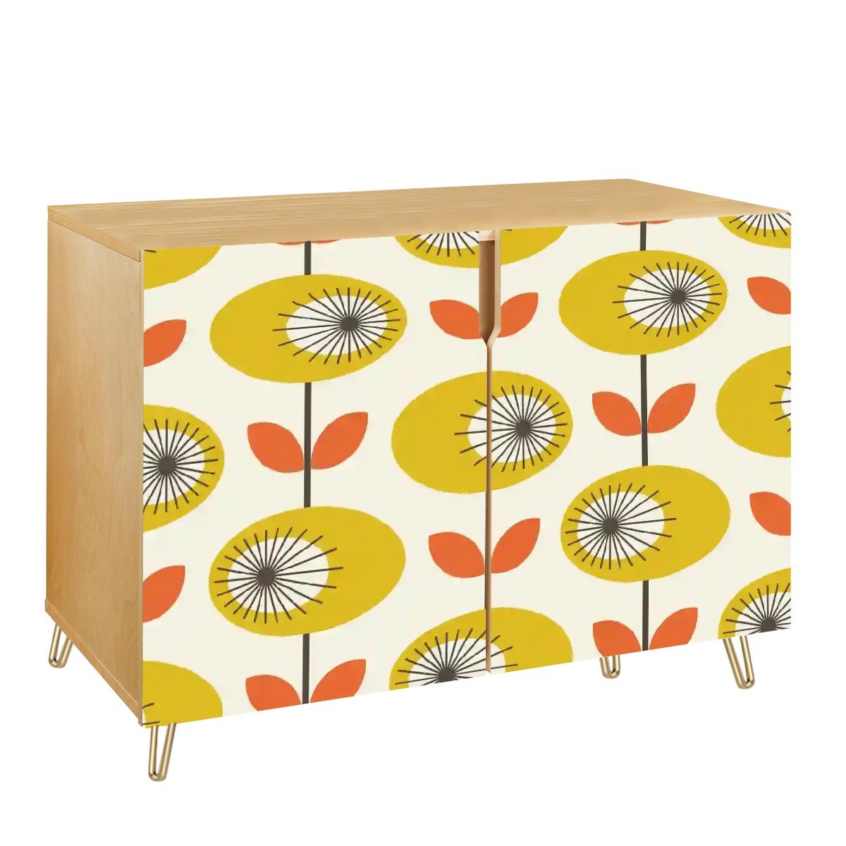 Kate McEnroe New York Danish Modern Floral Sideboard, Mid Century Scandinavian Storage Cabinet, Retro Yellow Orange CupboardStorage CabinetsyVTO4Fdgty