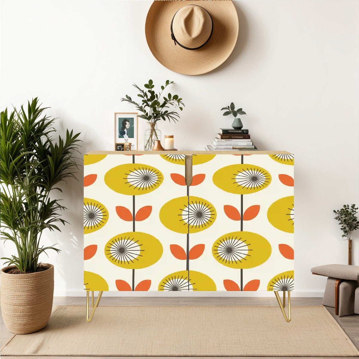 Kate McEnroe New York Danish Modern Floral Sideboard, Mid Century Scandinavian Storage Cabinet, Retro Yellow Orange CupboardStorage CabinetsyVTO4Fdgty