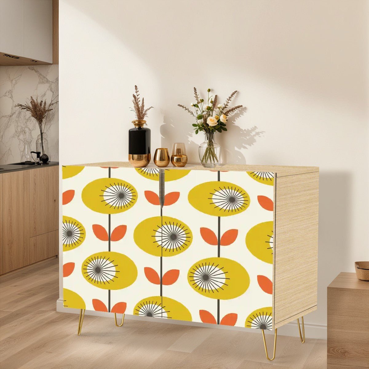 Kate McEnroe New York Danish Modern Floral Sideboard, Mid Century Scandinavian Storage Cabinet, Retro Yellow Orange CupboardStorage CabinetsyVTO4Fdgty