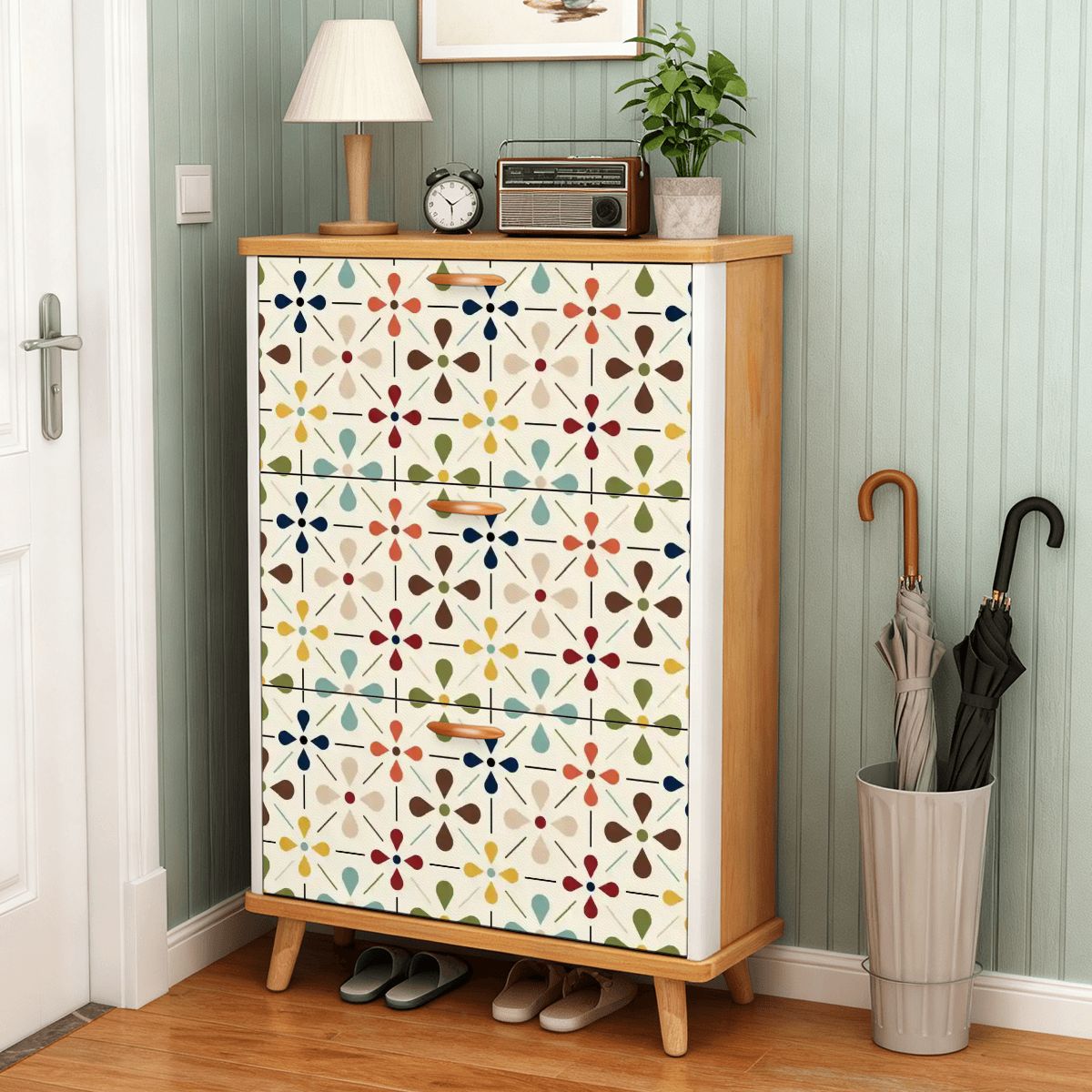 Kate McEnroe New York Danish Scandi Floral Shoe Storage, Mid Century Modern Cabinet, Retro Entryway OrganizerShoe Storagen0WRm1ailf