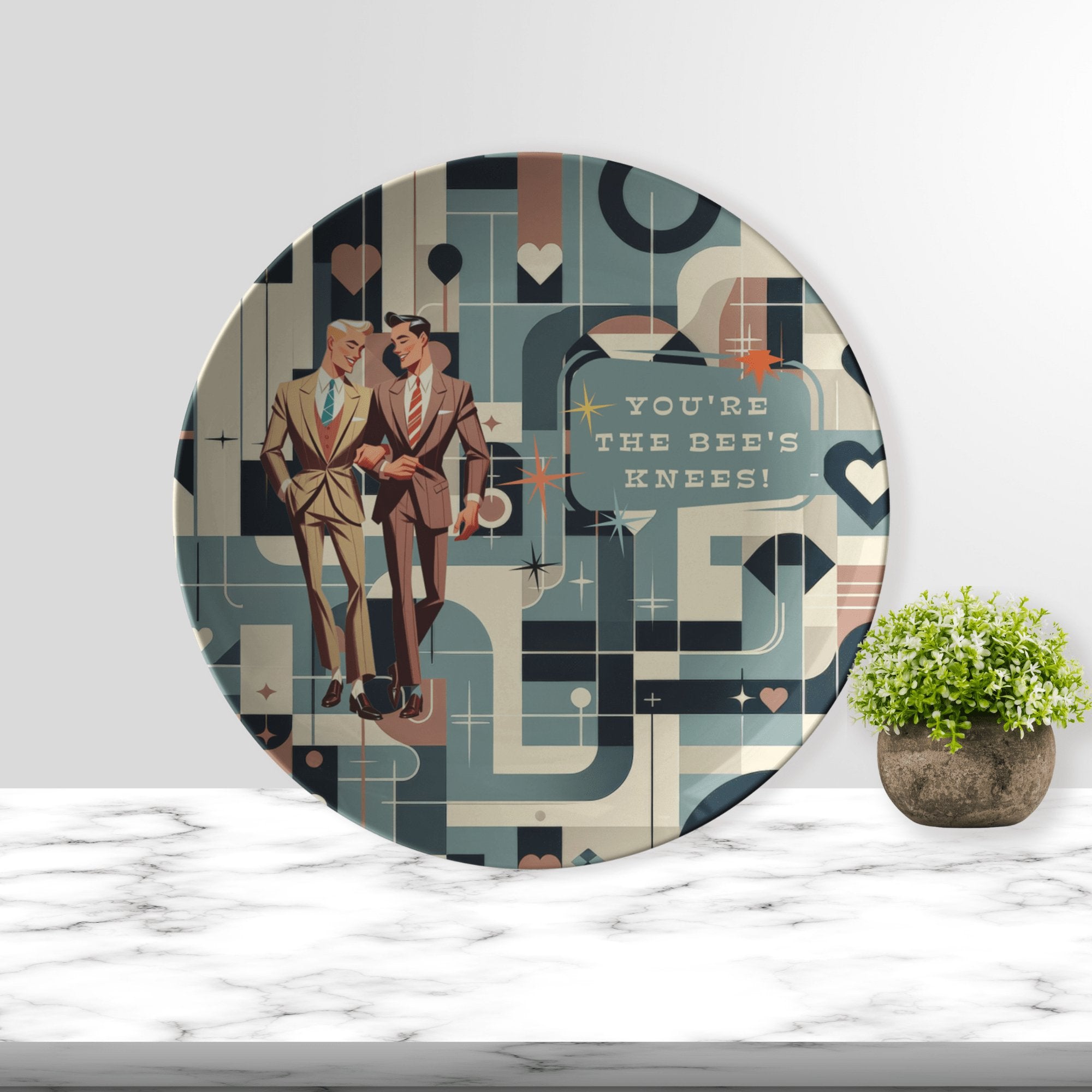 Kate McEnroe New York Dapper Gents Retro Dinner Plate, Gay Couples Vintage Style Dish, Mid Century Modern Love Dining DecorPlates9820SINGLE