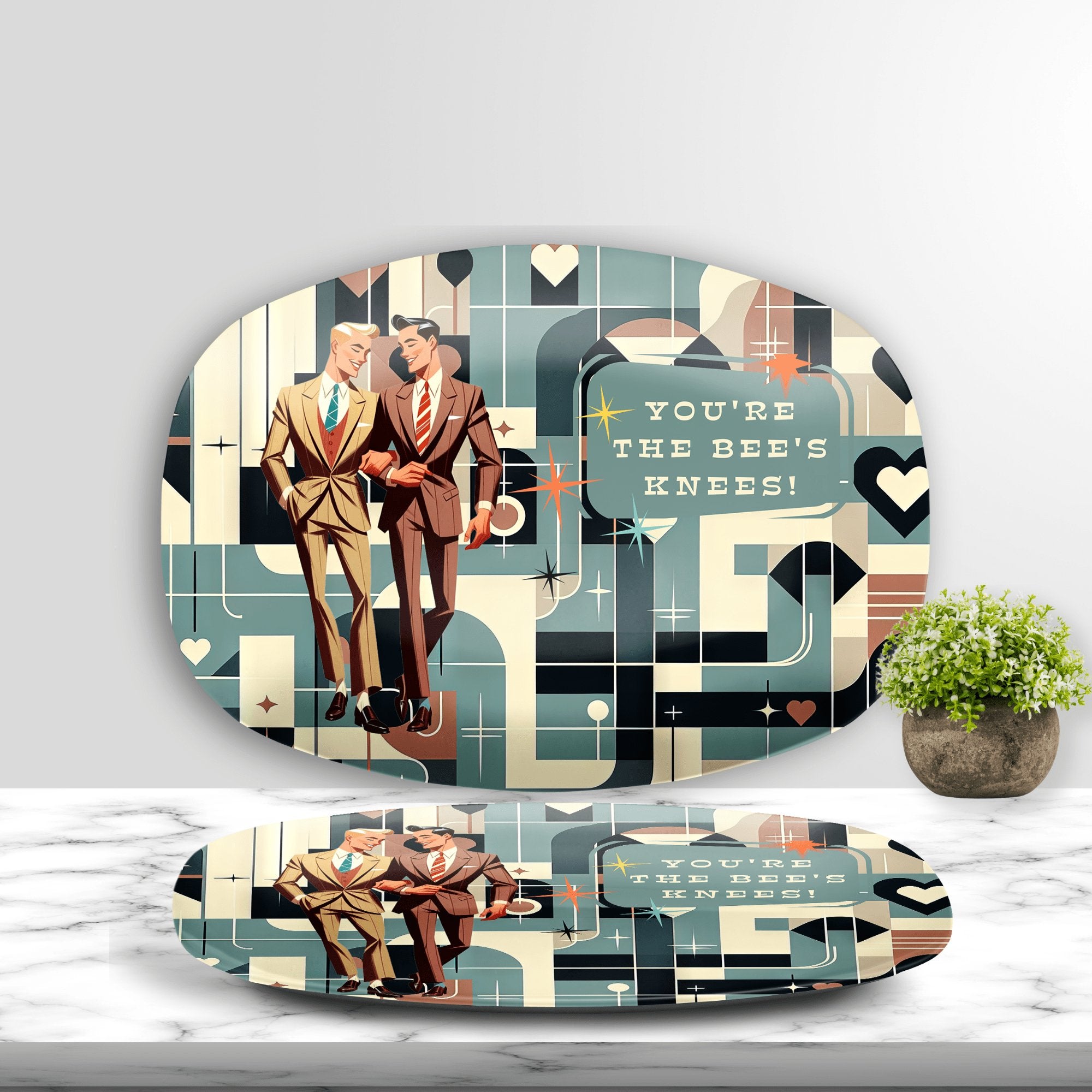 Kate McEnroe New York Dapper Gents Retro Platter, Gay Couples Kitschy Vintage Serving Tray, Mid Century Modern Love Festive DishServing Platters9727