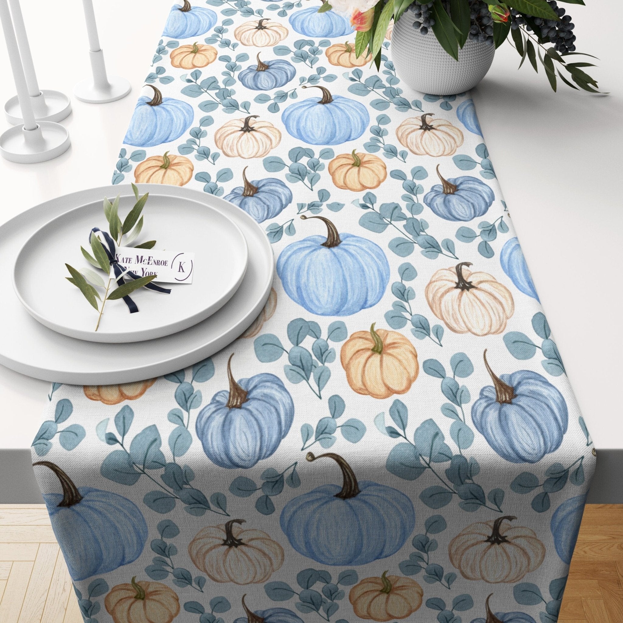 Kate McEnroe New York Fall Table Runner, Blue Pumpkin Table Decor, Autumn Table Linen, Farmhouse Decor, Fall Decor, Floral Tabletop Decor, Thanksgiving DecorTable Runners15023622896658019719