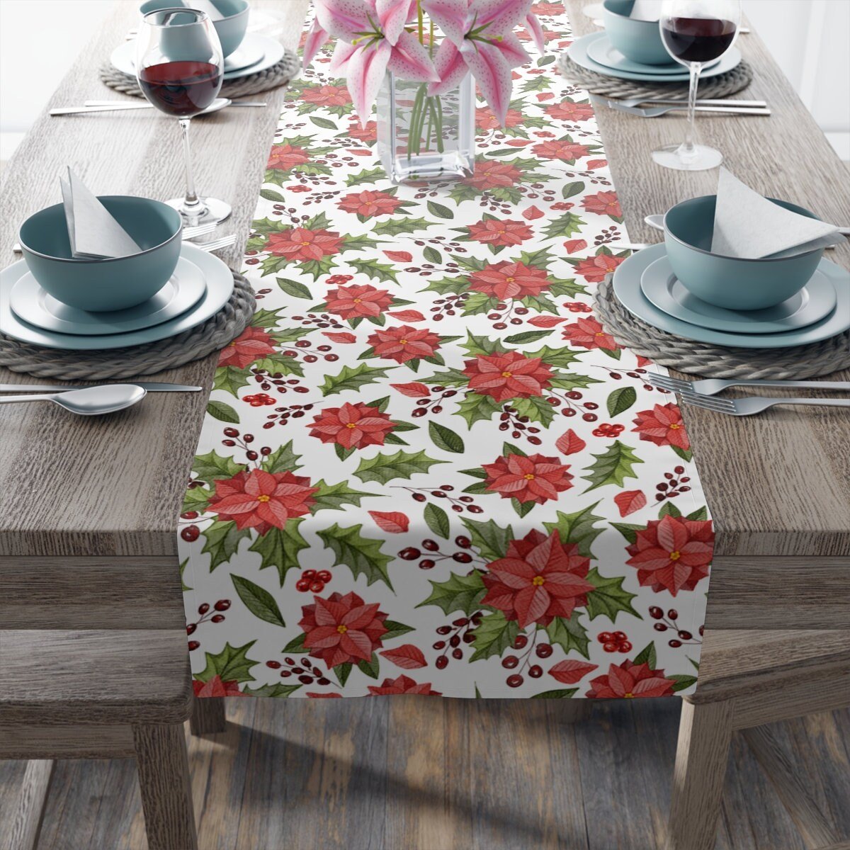 Kate McEnroe New York Farmhouse Poinsettia Christmas Floral Table RunnerTable Runners49272438048298413999