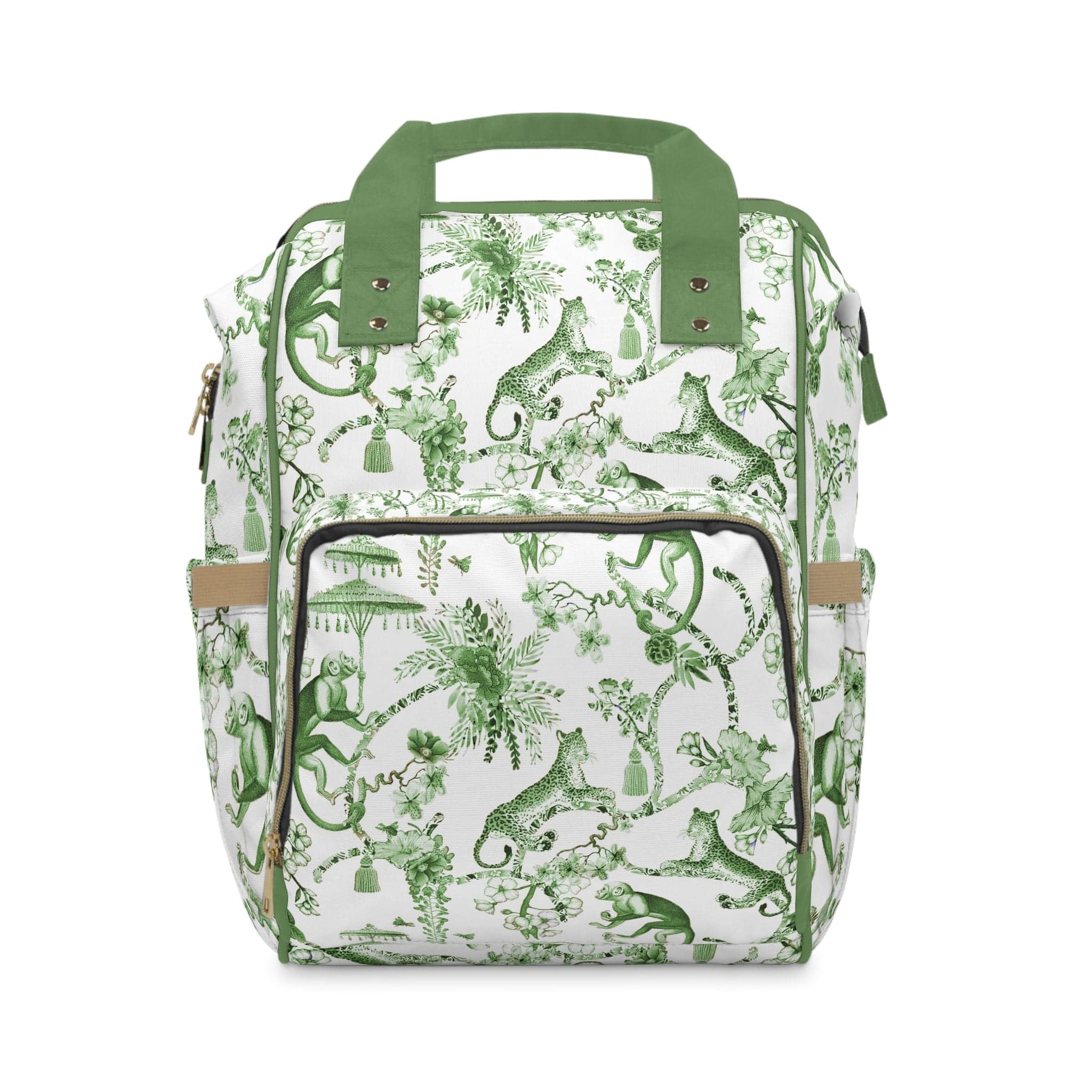 Kate McEnroe New York Floral Green and White Chinoiserie Jungle Multifunctional Backpack, Diaper Bag, Weekender Bag, Carry - on Luggage Bag, Multipurpose BackpackDiaper Bags16805015716788328462