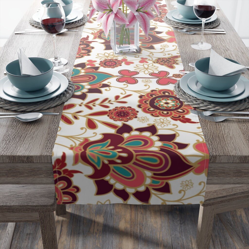 Kate McEnroe New York Floral Paisley Ornamental Table Runner, Boho Indian Print Table Linens, Country Farmhouse Table DecorTable Runners39025476276112344738