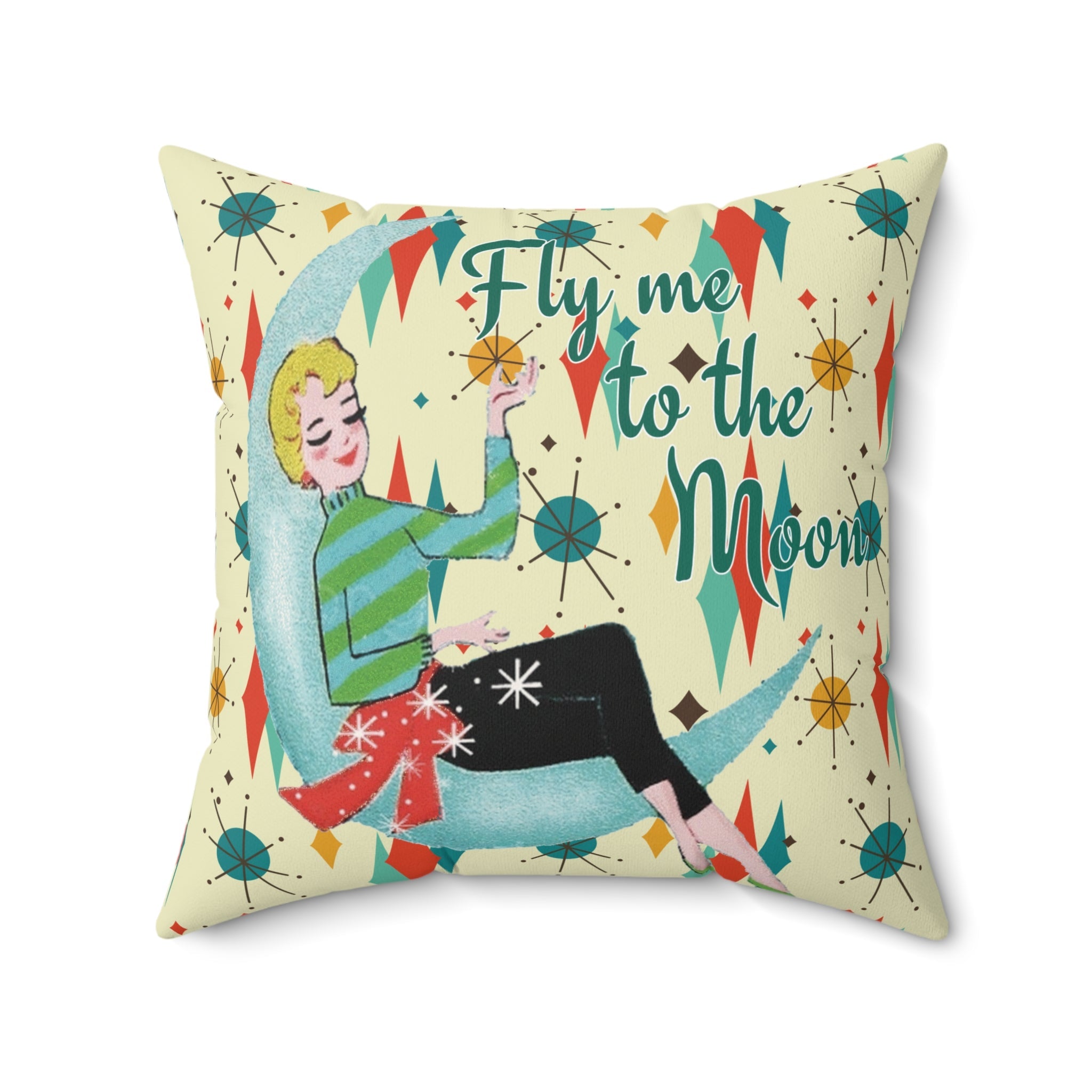 Kate McEnroe New York Fly Me to the Moon Mid Century Modern Throw Pillow, Retro Mod GirlThrow Pillows20545710552451734961