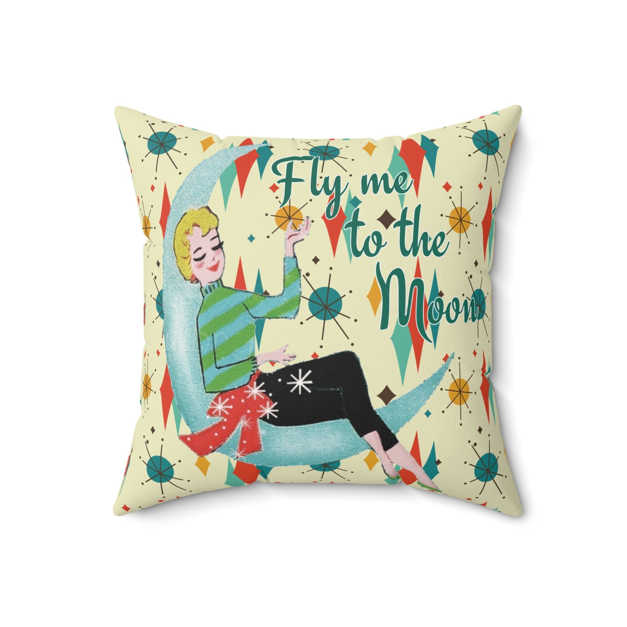 Kate McEnroe New York Fly Me to the Moon Mid Century Modern Throw Pillow, Retro Mod GirlThrow Pillows25065851389845340906