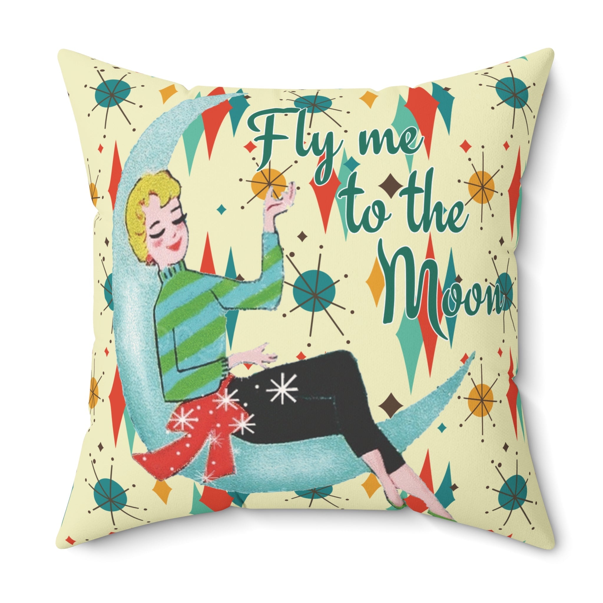 Kate McEnroe New York Fly Me to the Moon Mid Century Modern Throw Pillow, Retro Mod GirlThrow Pillows29102045175775823597
