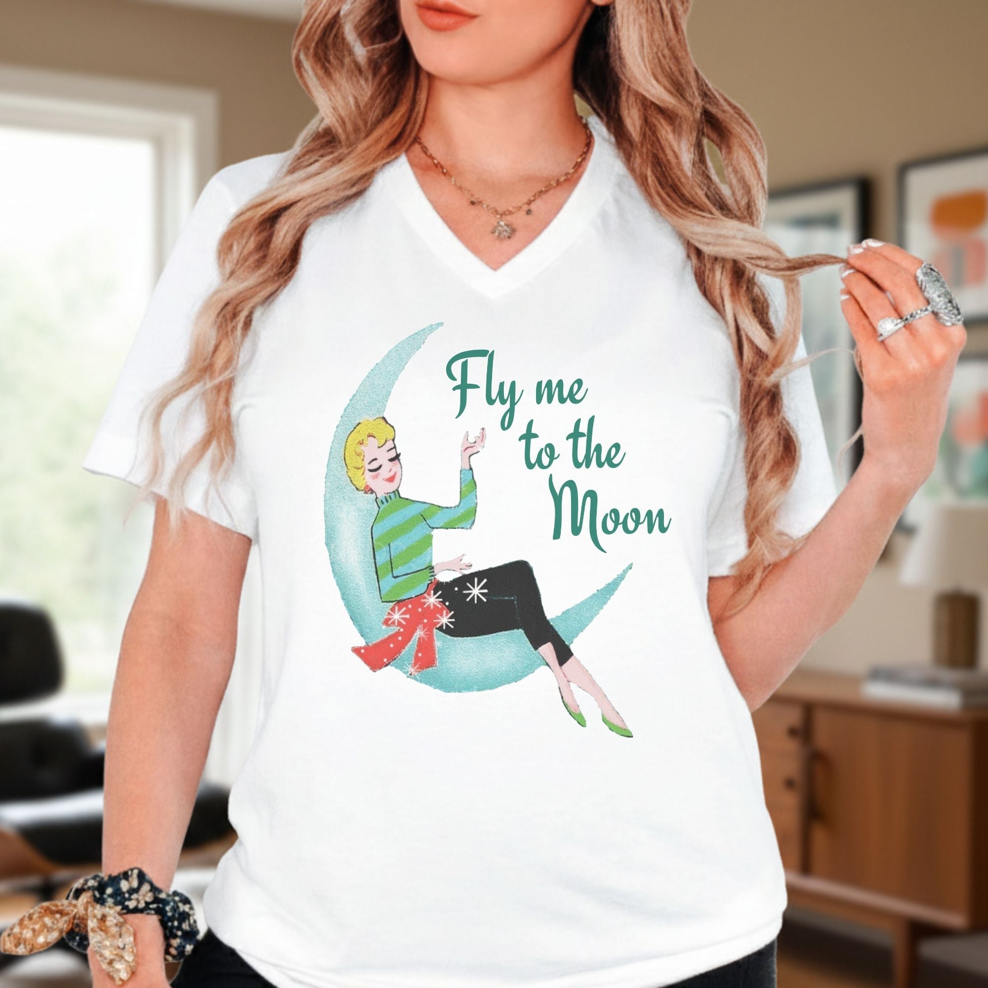 Kate McEnroe New York Fly Me to the Moon Retro Mid Century Modern Kitsch V Neck T ShirtT-Shirts36564673275586921357