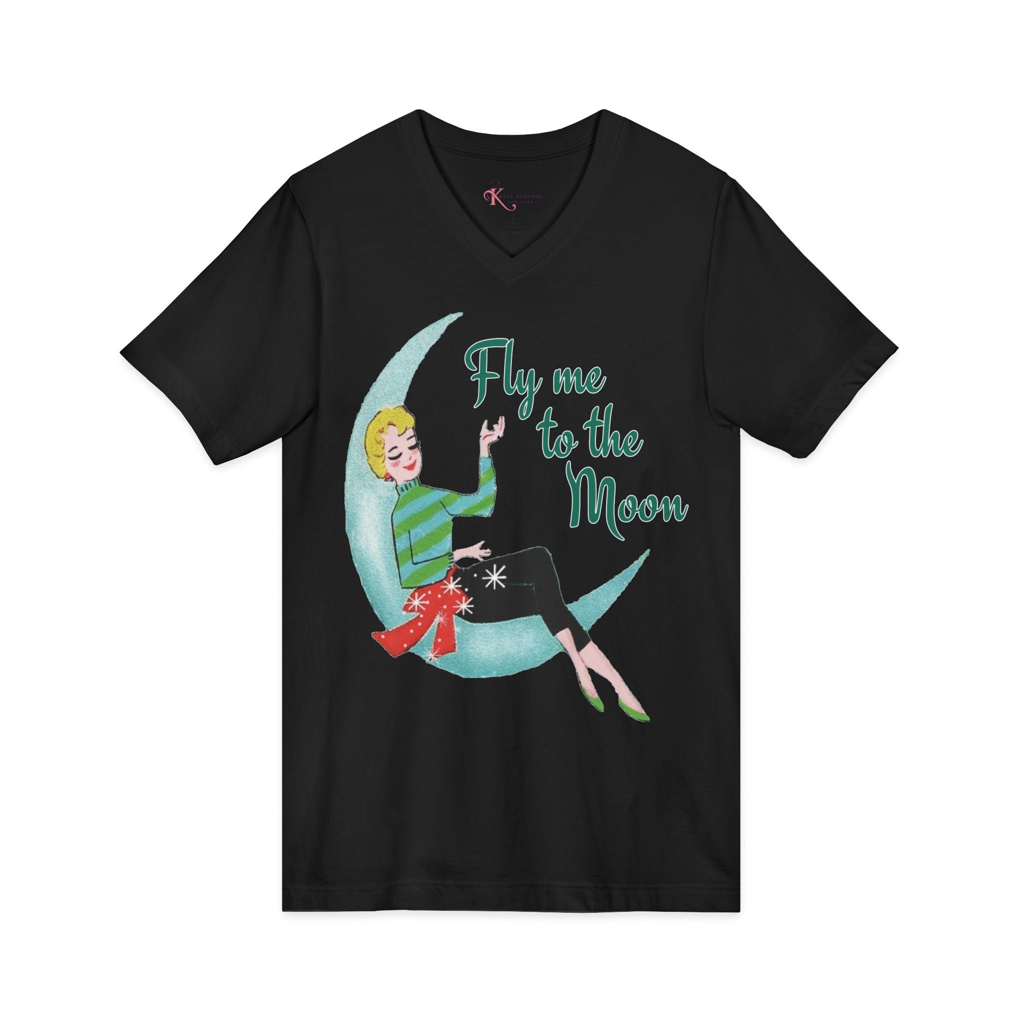 Kate McEnroe New York Fly Me to the Moon Retro Mid Century Modern Kitsch V Neck T ShirtT-Shirts92973959955247470012