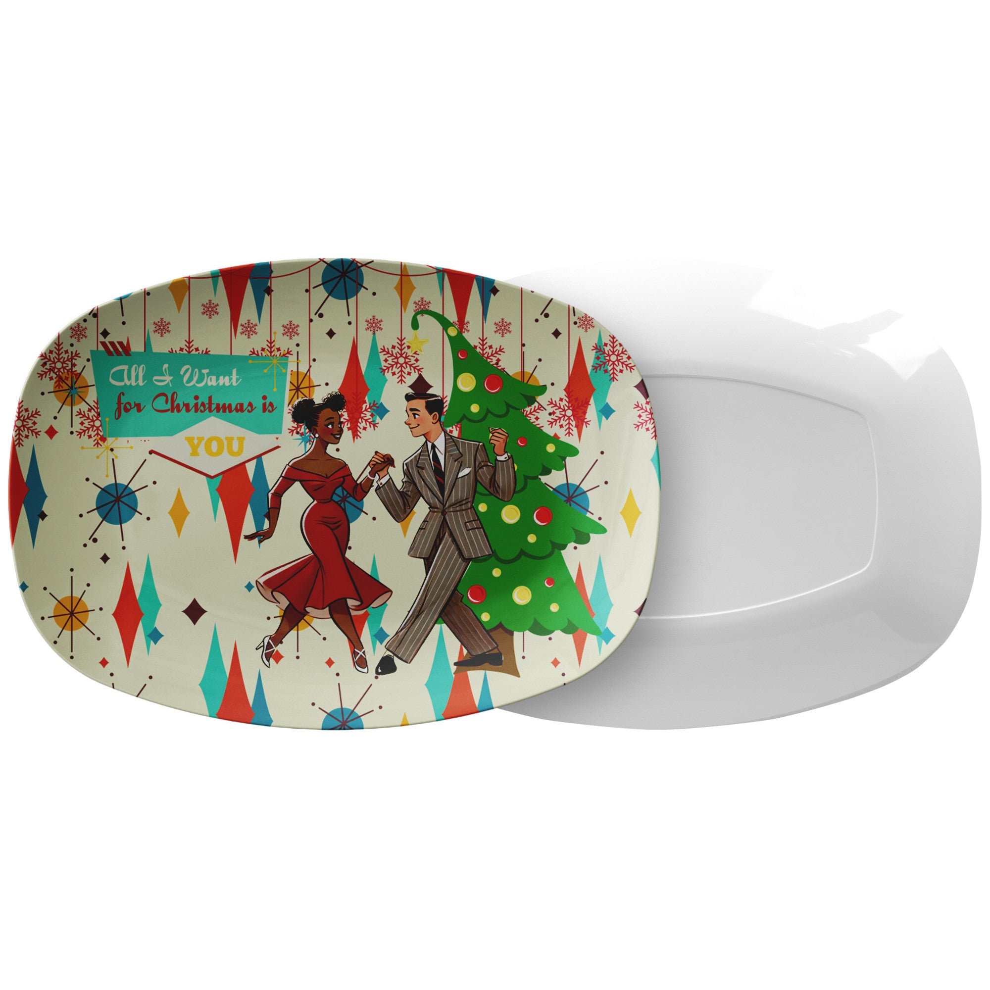 Kate McEnroe New York Franciscan Diamond Starburst Christmas Platter, All I Want For Christmas Is You, Retro Vintage 50s Mixed - Race Couple Kitsch TrayServing PlattersP23 - MIX - FSTB - 2