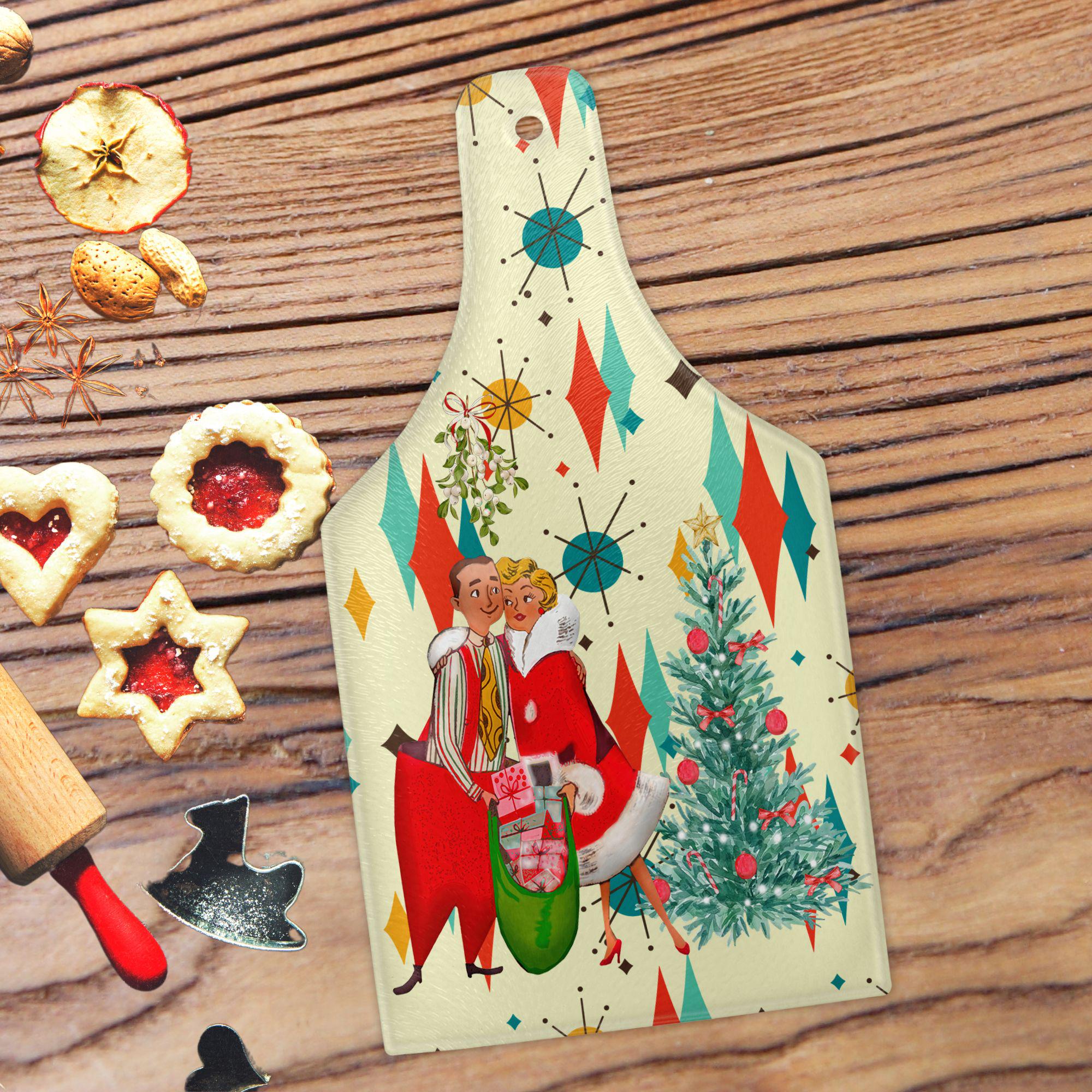 Kate McEnroe New York Franciscan Diamond Starburst Retro 1950s Vintage Kitsch Christmas Card Art Wine Bottle Shape Glass Cutting Board, MCM Holiday KitchenwareCutting BoardsPTG-FSB-GCB-4