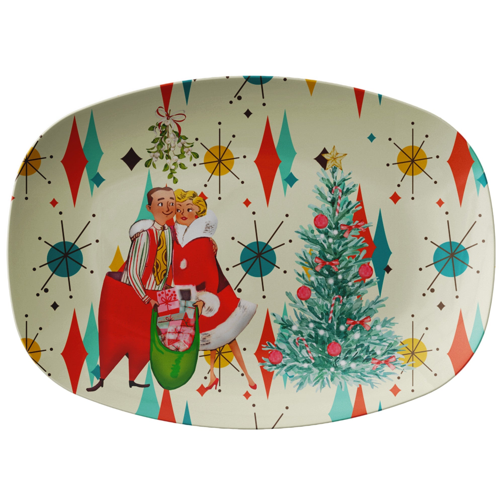 Kate McEnroe New York Franciscan Diamond Starburst Retro Vintage 50s Kitsch Christmas Card Art PlatterServing PlattersP23 - FSB - CPL - 67
