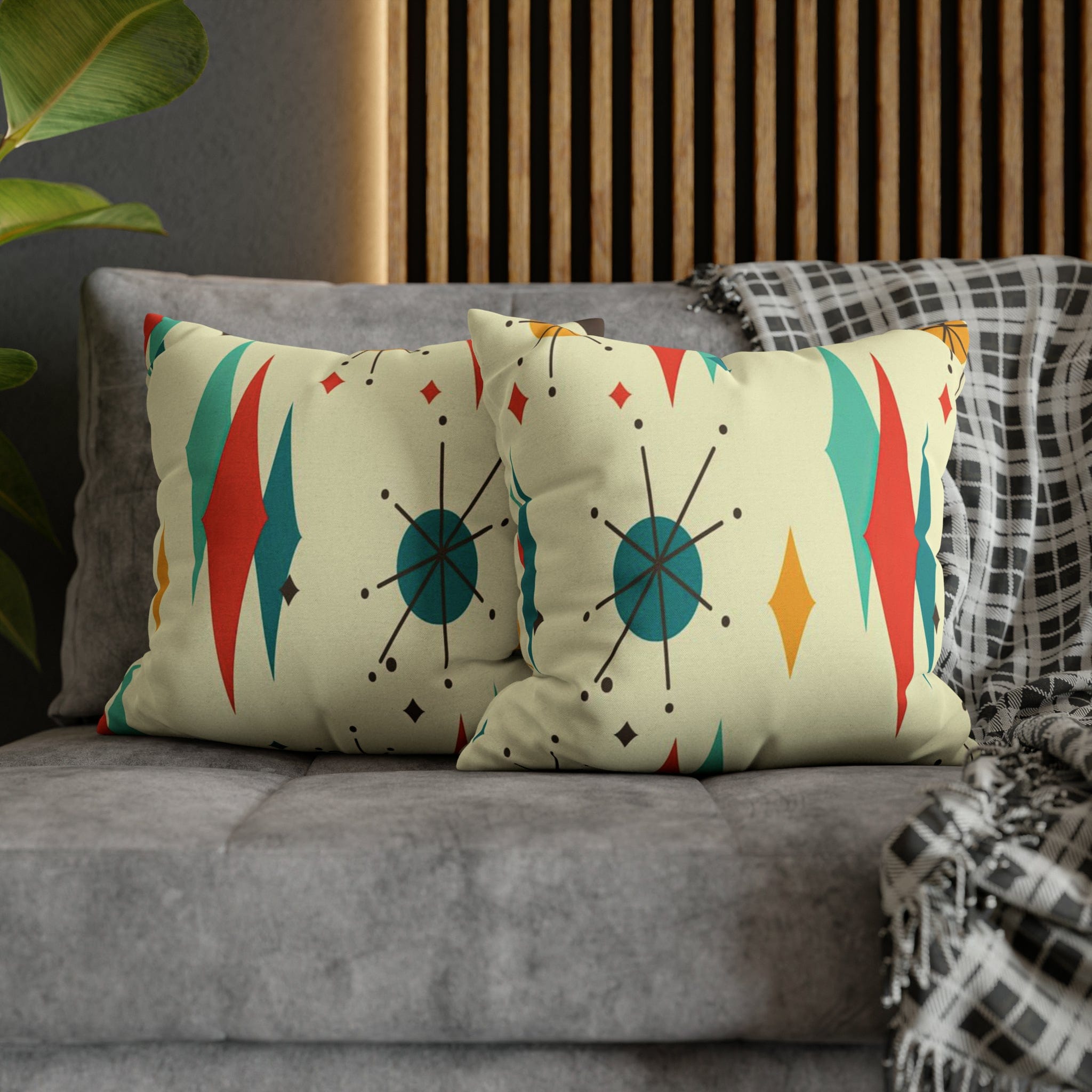 Kate McEnroe New York Franciscan Diamond Starburst Throw Pillow Covers in Mid Century Modern Orange, Teal, Cream Hues, Retro 50s MCM Cushion CoverThrow Pillow Covers79205268599661753187