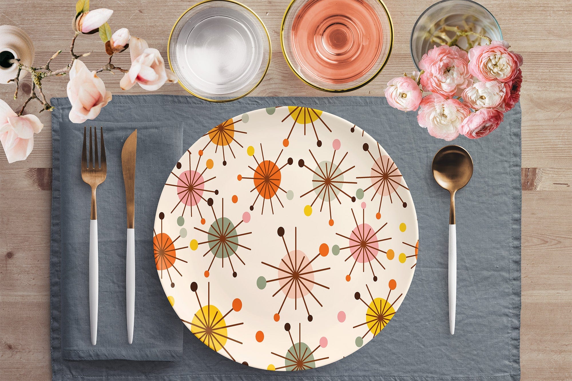 Kate McEnroe New York Franciscan Starburst Dinner Plate, Mid Century Modern, Vintage Style, Retro Kitchenware, Peach Geometric Design, Burnt Orange, Collectible TablewarePlates9820SINGLE
