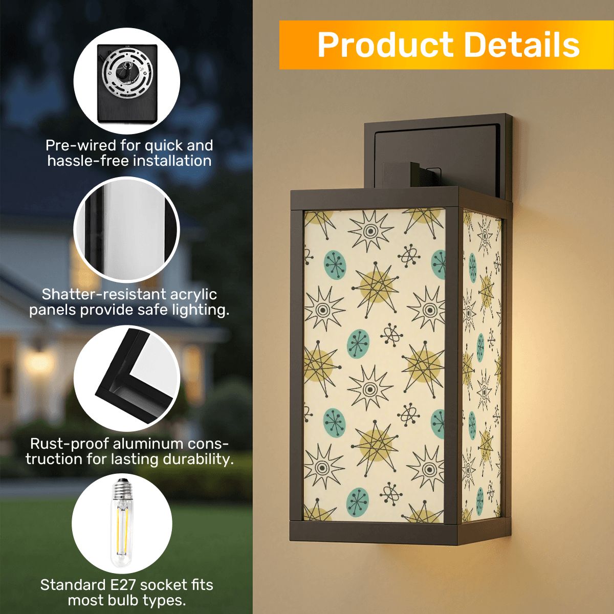 Kate McEnroe New York Franciscan Starburst Outdoor Wall Sconce, Classic Mid Century Modern 50s Porch Light, Retro Atomic Era Exterior LampOutdoor Wall Lights5gCQJnTPhd