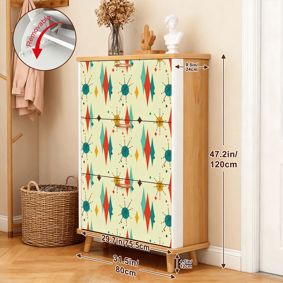 Kate McEnroe New York Franciscan Starburst Shoe Cabinet, Mid Century Modern 3-Tier Storage, Retro Diamond Starburst Entryway OrganizerShoe StorageNZhoyCYpOb