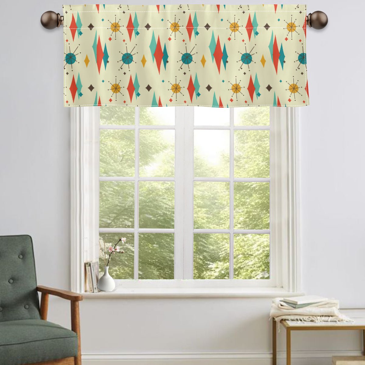 Kate McEnroe New York Franciscan Starburst Valance, Mid Century Modern Teal, Orange, Cream Kitchen, Bathroom Window Treatment, Retro Atomic Age DecorValancesH5KRTB - KJNZGC - 22DRJ7