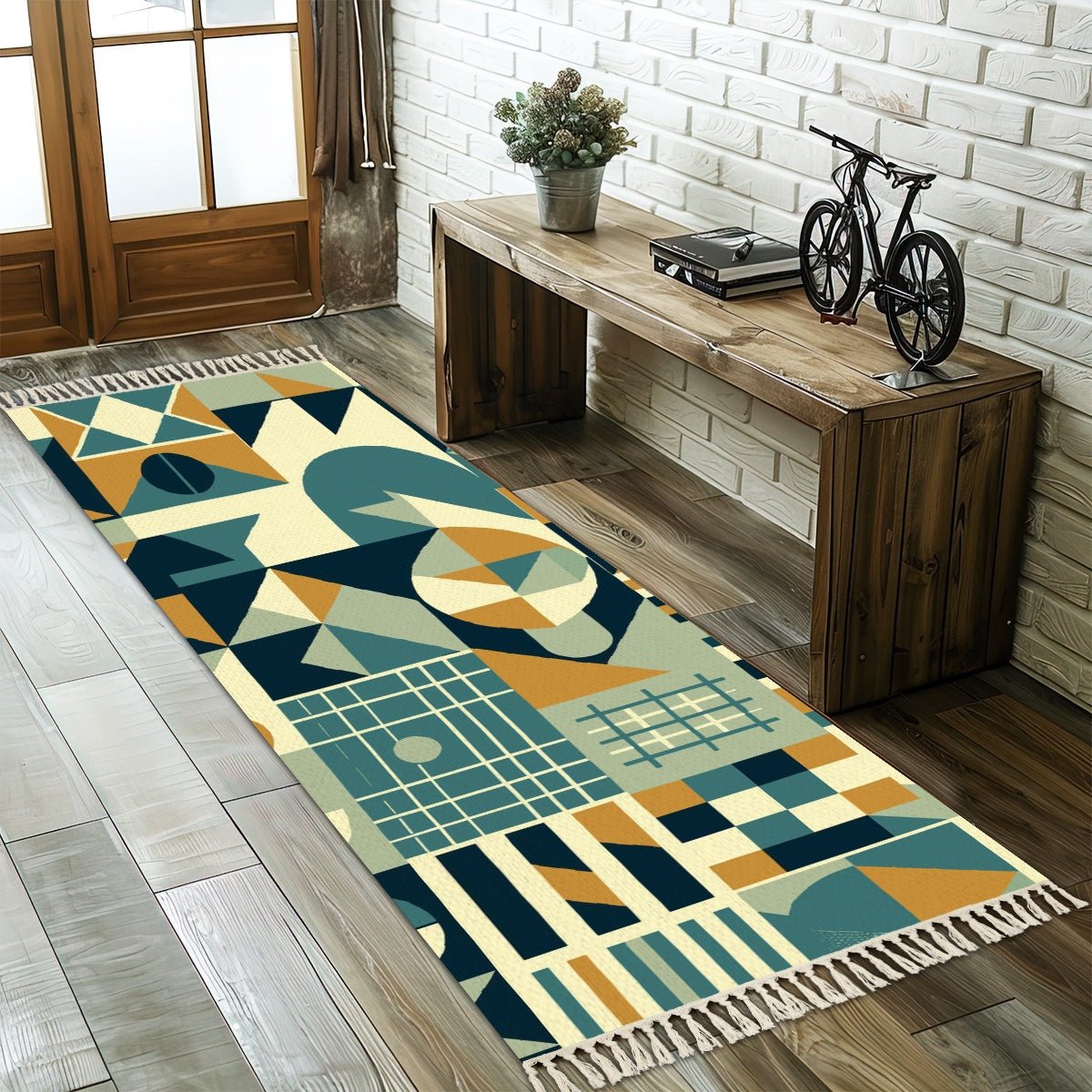 Kate McEnroe New York Geometric Mid Century Modern Hallway Runner Rug, Retro Teal Mustard Abstract Entryway MatRugs9JXOUIsLnT