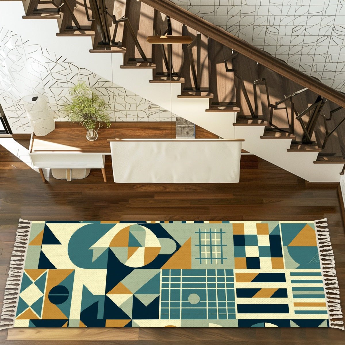 Kate McEnroe New York Geometric Mid Century Modern Hallway Runner Rug, Retro Teal Mustard Abstract Entryway MatRugs9JXOUIsLnT