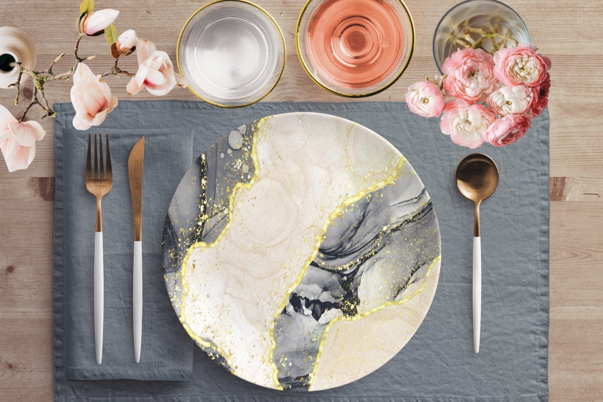 Kate McEnroe New York Gray Peach and Gold Sparkles Marble Dinner PlatesPlatesP20 - SPA - GRA - 36S