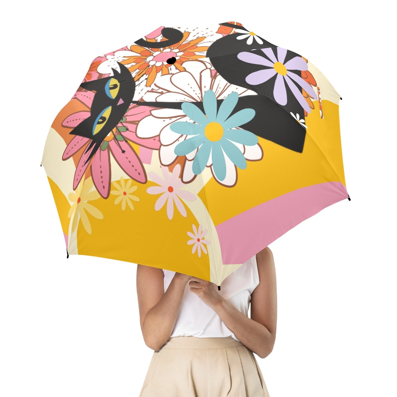 Kate McEnroe New York Groovy 70s Atomic Cat Mod Floral Umbrella, Hippie Psychedelic Mid Century Modern Retro Rain Gearn Retro Rain GearUmbrellas11813412167637439035