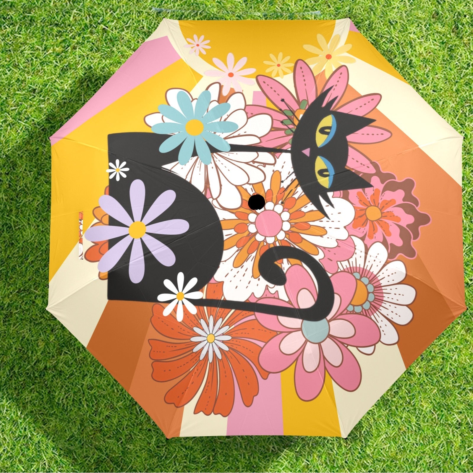 Kate McEnroe New York Groovy 70s Atomic Cat Mod Floral Umbrella, Hippie Psychedelic Mid Century Modern Retro Rain Gearn Retro Rain GearUmbrellas11813412167637439035