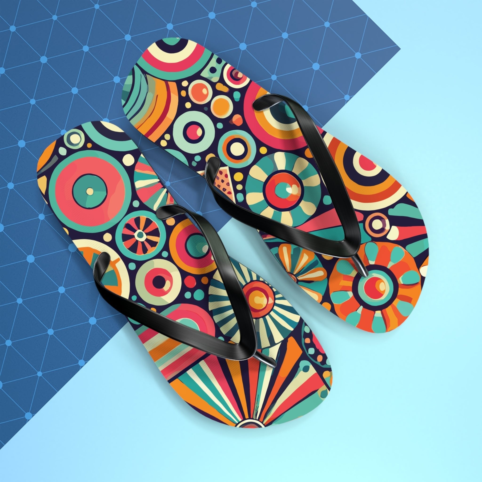 Kate McEnroe New York Groovy 70s Psychedelic Flip Flops, Retro Sunburst Beach SandalsFlip Flops33968940844774856177