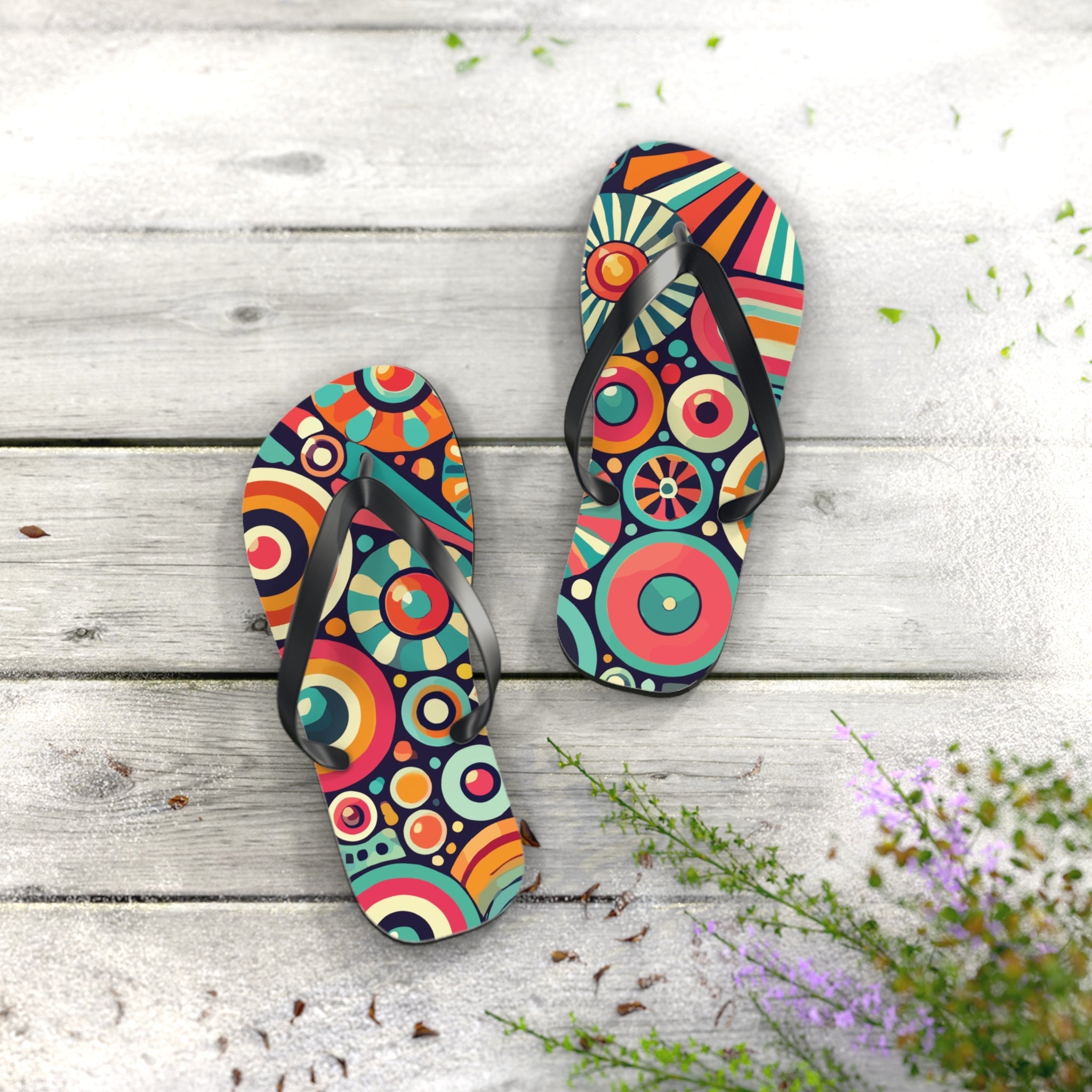 Kate McEnroe New York Groovy 70s Psychedelic Flip Flops, Retro Sunburst Beach SandalsFlip Flops33968940844774856177