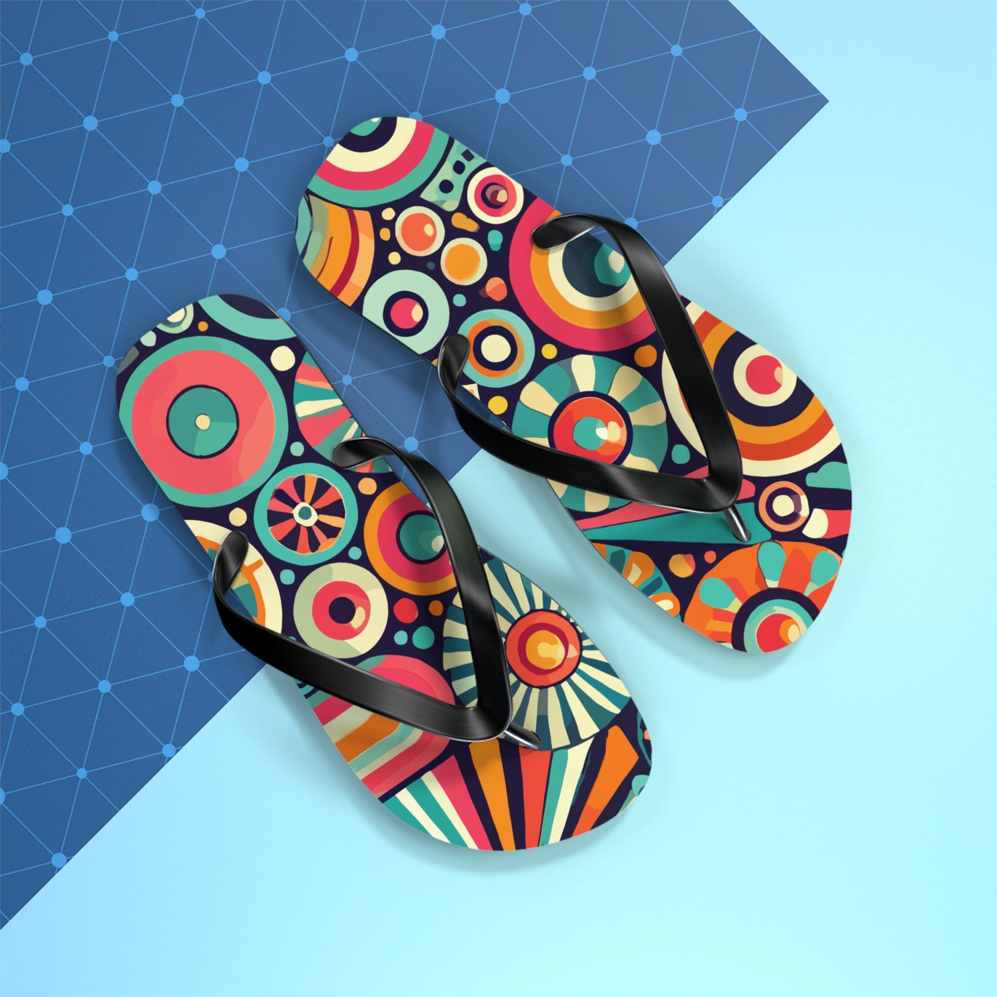 Kate McEnroe New York Groovy 70s Psychedelic Flip Flops, Retro Sunburst Beach SandalsFlip Flops33968940844774856177