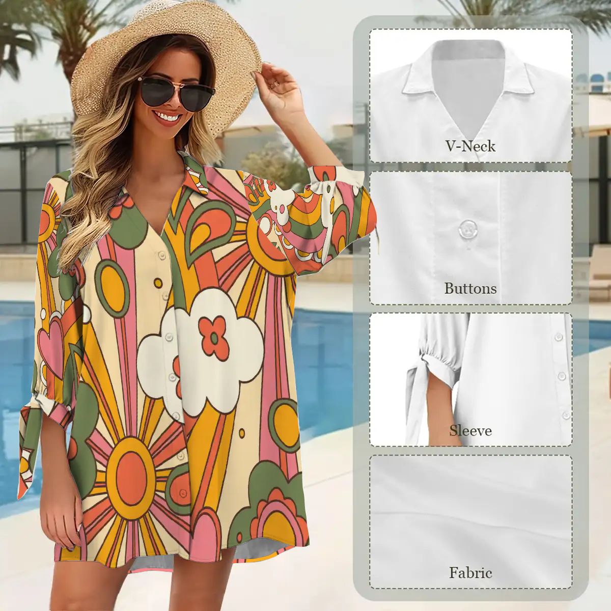 Kate McEnroe New York Groovy 70s Sunshine Shirt Dress Cover - Up, Retro Floral Beach TunicSwimsuits Cover UpshQ10yaCSy6
