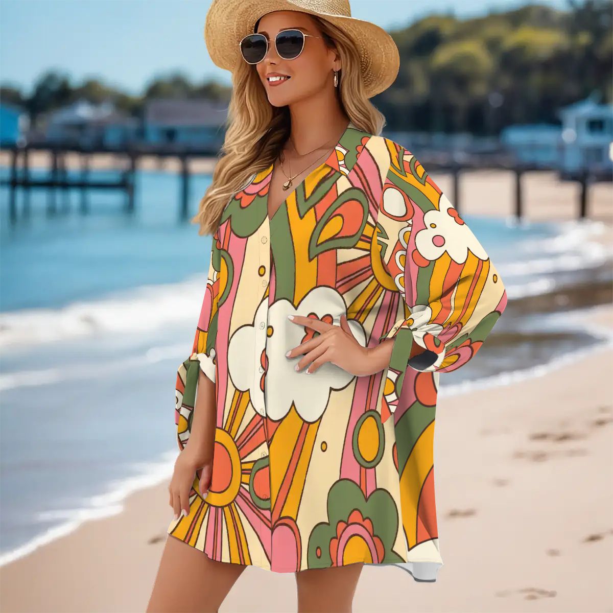 Kate McEnroe New York Groovy 70s Sunshine Shirt Dress Cover - Up, Retro Floral Beach TunicSwimsuits Cover UpshQ10yaCSy6