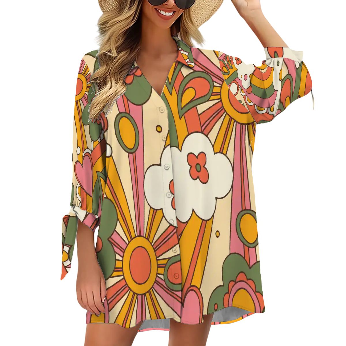 Groovy 70s Sunshine Shirt Dress Cover-Up, Retro Floral Beach Tunic M