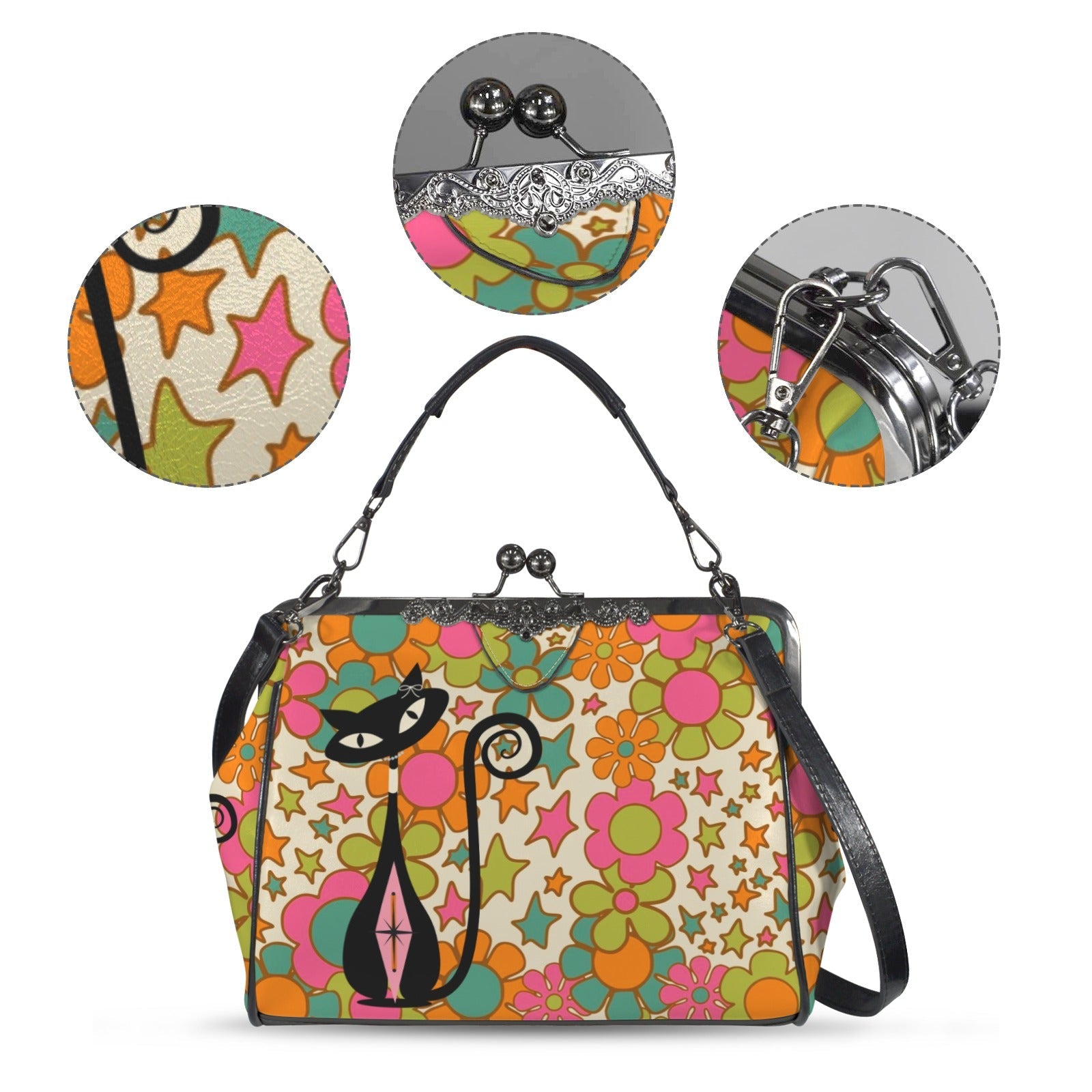 Kate McEnroe New York Groovy Atomic Cat 70s Retro Hippie Kiss Lock Crossbody BagCrossbody BagsD3279730