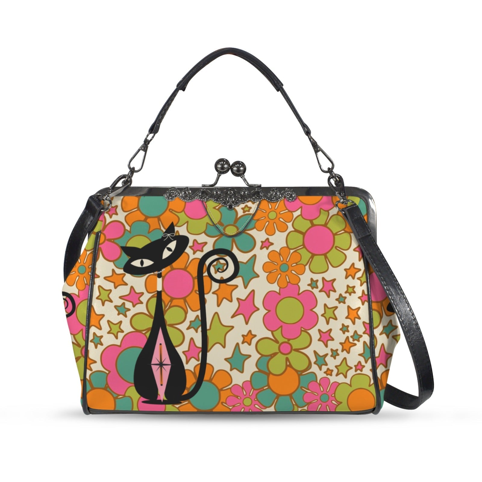 Kate McEnroe New York Groovy Atomic Cat 70s Retro Hippie Kiss Lock Crossbody BagCrossbody BagsD3279730