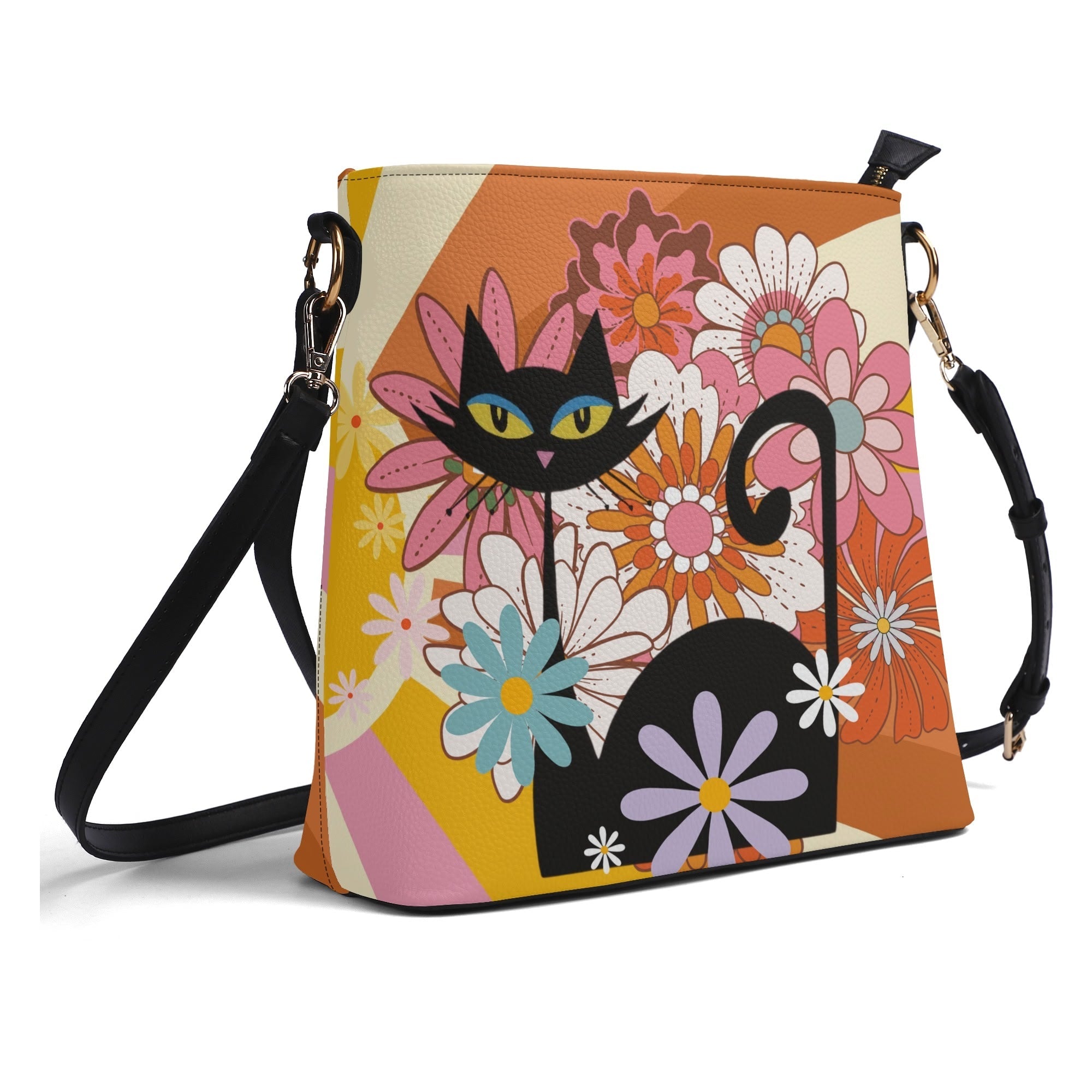 Kate McEnroe New York Groovy Atomic Cat Flower Power Handbag, Hippie Retro 60s Mod Mid Century Modern Bucket BagHandbagsN4MXG2XW - 1