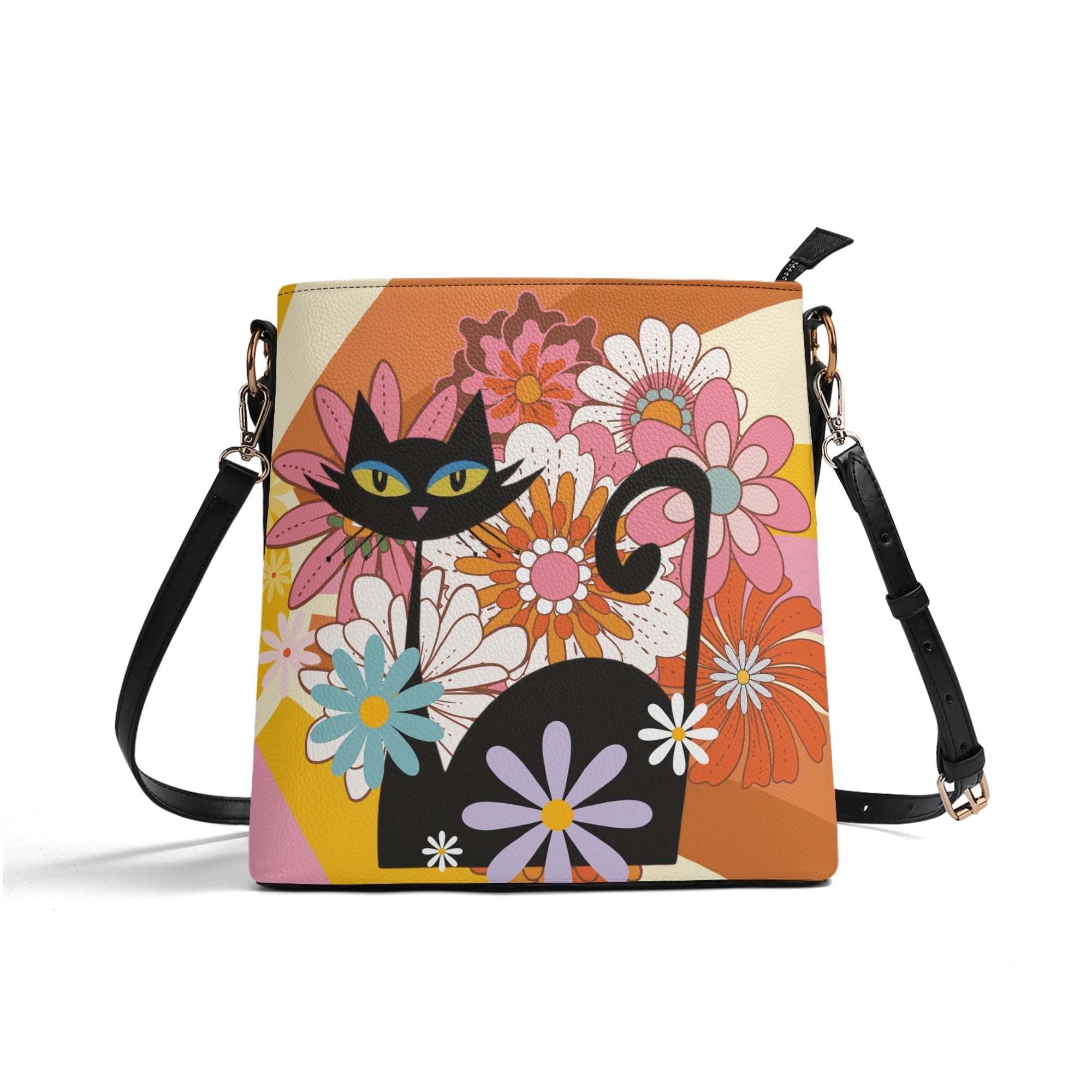 Kate McEnroe New York Groovy Atomic Cat Flower Power Handbag, Hippie Retro 60s Mod Mid Century Modern Bucket BagHandbagsN4MXG2XW - 1