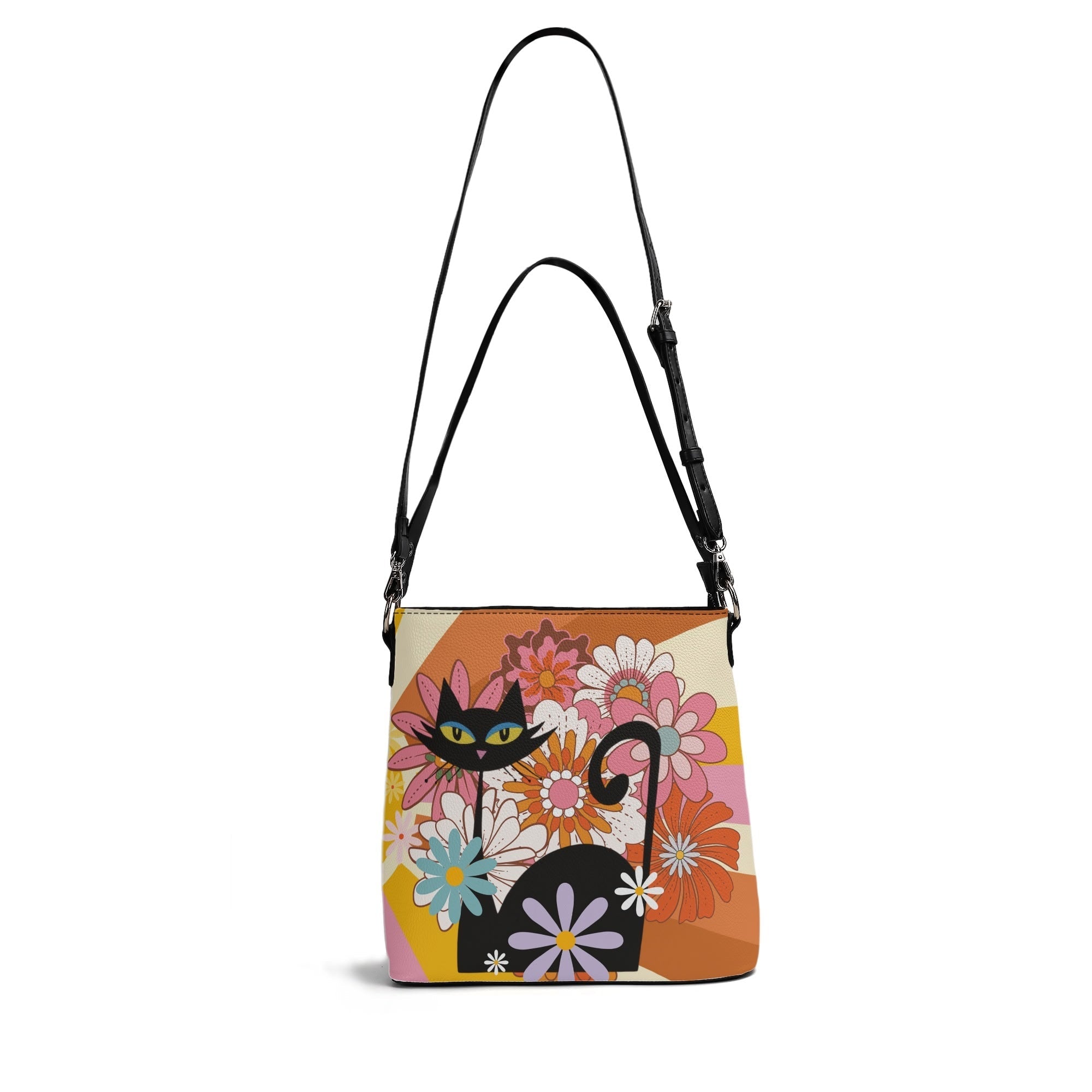 Kate McEnroe New York Groovy Atomic Cat Flower Power Handbag, Hippie Retro 60s Mod Mid Century Modern Bucket BagHandbagsN4MXG2XW - 1