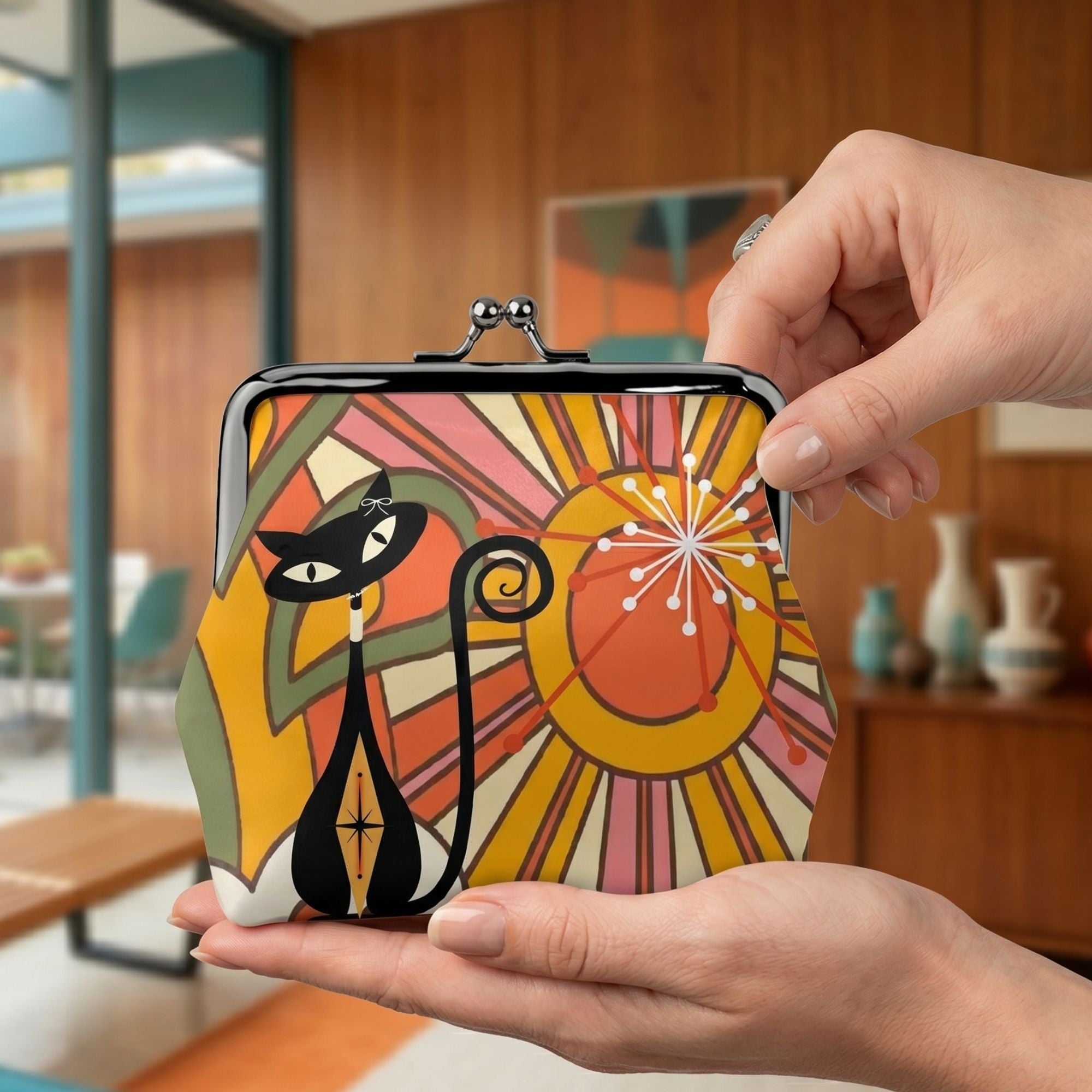 Kate McEnroe New York Groovy Atomic Cat Sunburst Kiss Lock Coin Purse, Kitschy Mid Century ModernCoin Purseswyf80KGJtc