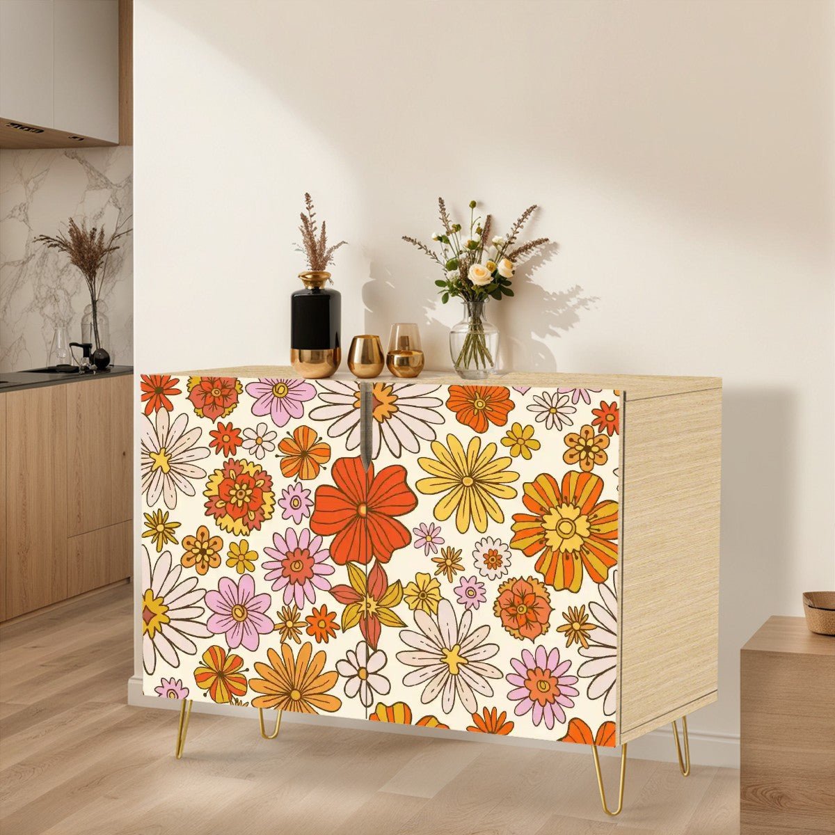 Kate McEnroe New York Groovy Floral Wooden Storage Cabinet, Retro 70s Mid Century Modern Dresser, Colorful Flower Power OrganizerStorage CabinetspDP0AziKi3