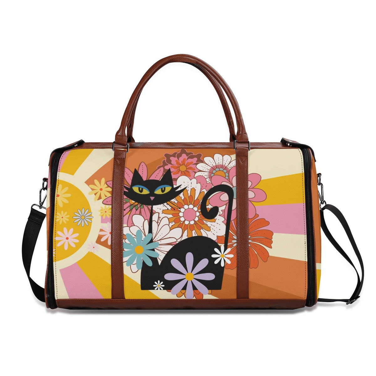 Kate McEnroe New York Groovy Flower Power Atomic Cat Duffel Bag, 70s Hippie Retro Mod Floral Travel WeekenderDuffel BagsN67Q73PW - 1