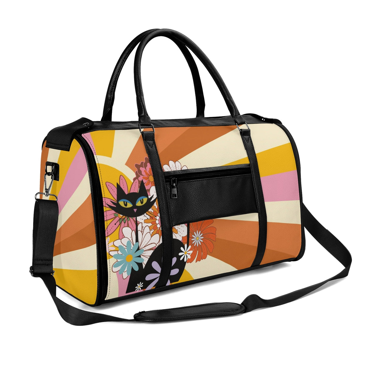 Kate McEnroe New York Groovy Flower Power Atomic Cat Duffel Bag, 70s Hippie Retro Mod Floral Travel WeekenderDuffel BagsN67Q73PW - 2