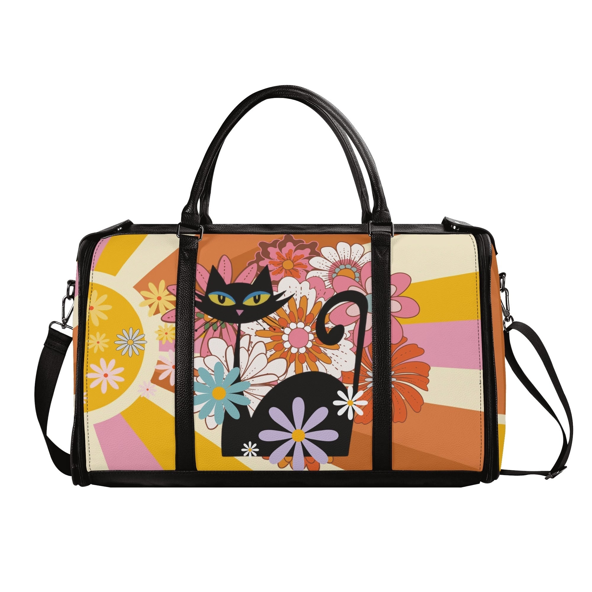 Kate McEnroe New York Groovy Flower Power Atomic Cat Duffel Bag, 70s Hippie Retro Mod Floral Travel WeekenderDuffel BagsN67Q73PW - 2