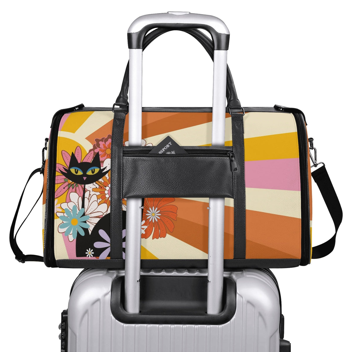 Kate McEnroe New York Groovy Flower Power Atomic Cat Duffel Bag, 70s Hippie Retro Mod Floral Travel WeekenderDuffel BagsN67Q73PW - 2