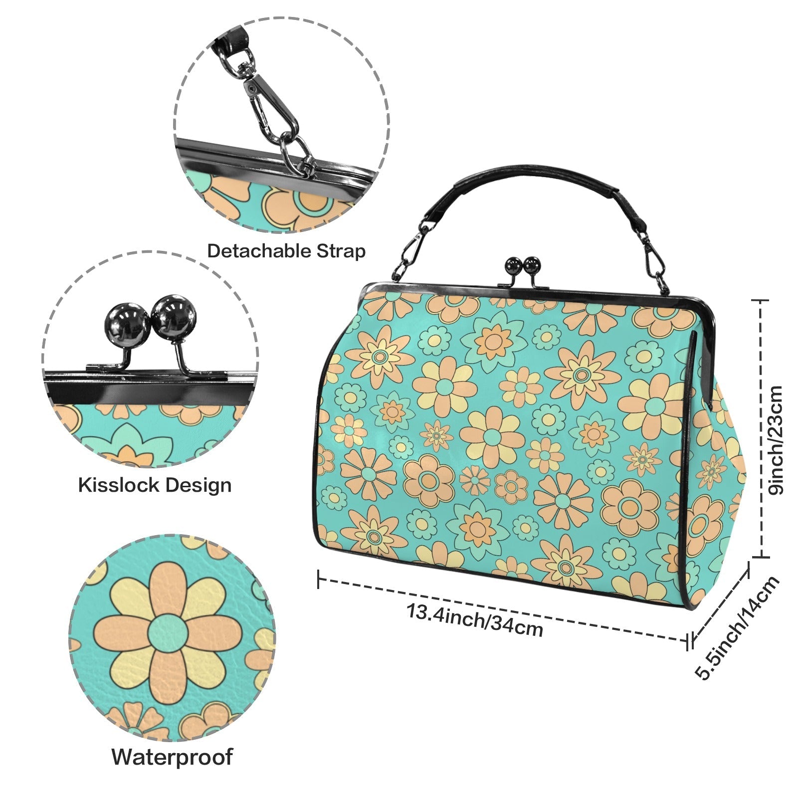 Kate McEnroe New York Groovy Flower Power Retro 70s Daisy Vintage Turquoise Kisslock PurseCrossbody BagsD3266997