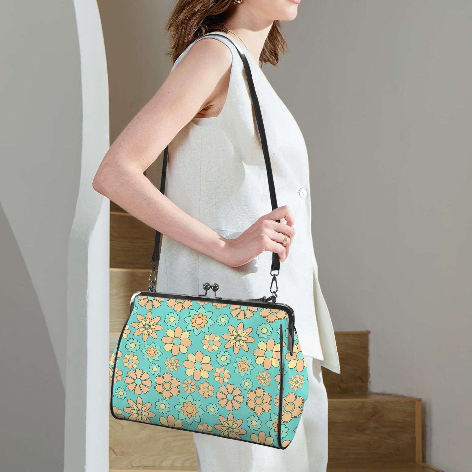 Kate McEnroe New York Groovy Flower Power Retro 70s Daisy Vintage Turquoise Kisslock PurseCrossbody BagsD3266997